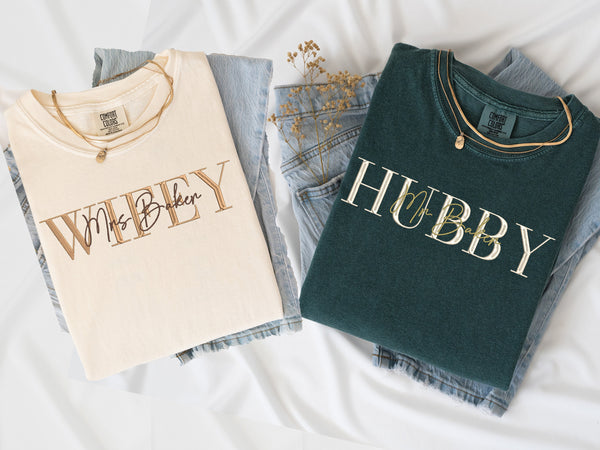 three t - shirts with the word hubby printed on them
