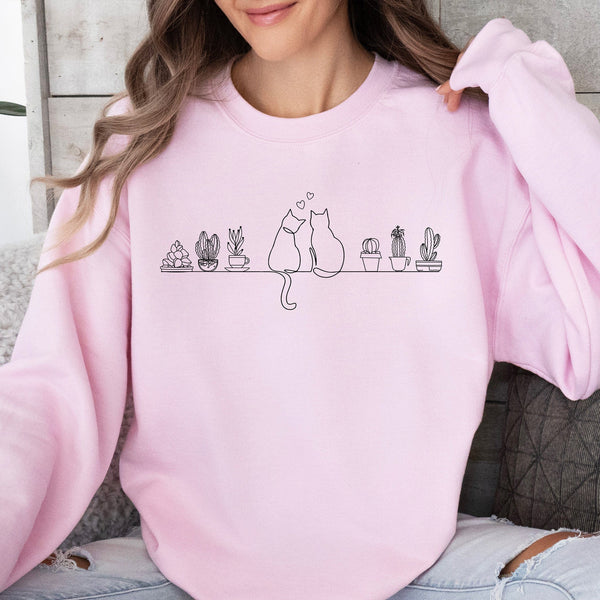 Cats and Plants Sweatshirt - Hand-Embroidered Design for Cat Moms and Dads, ES010 - US Custom Shirt