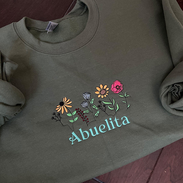 Custom Vintage Sweatshirt with Simple Name and Beautiful Floral Embroidery, ES027 - US Custom Shirt