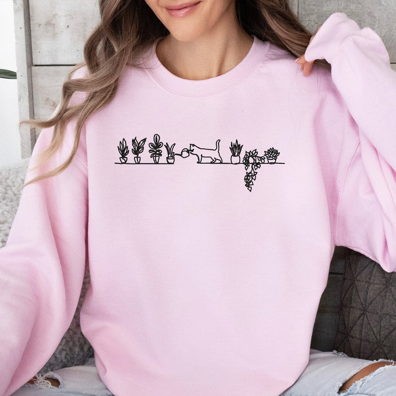 Embroidered Cat Watering Plants Sweatshirt - The Perfect Gift for Cat Owners and Plant Lovers, ES009 - US Custom Shirt