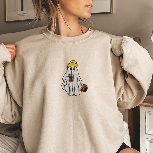 Embroidered Cool Ghost Drinking Coffee Sweatshirt - Spooky Fall Fashion, ES005 - US Custom Shirt