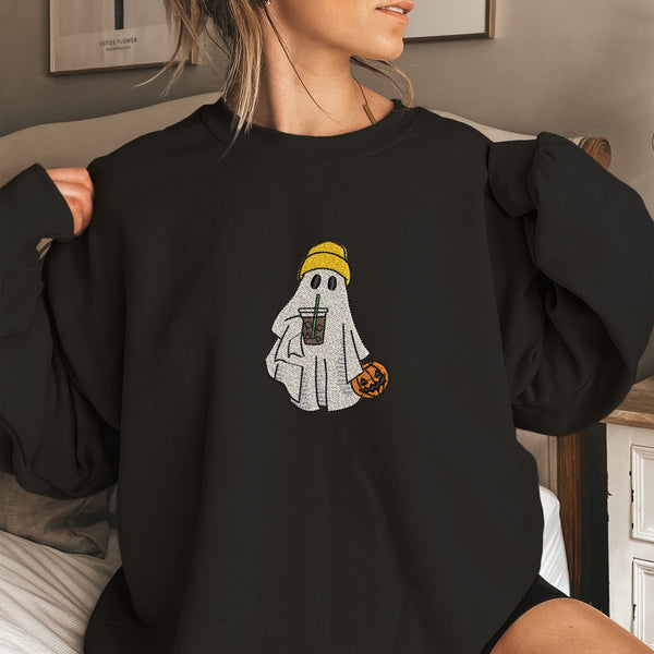 Embroidered Cool Ghost Drinking Coffee Sweatshirt - Spooky Fall Fashion, ES005 - US Custom Shirt