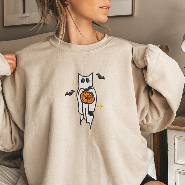 Embroidered Ghost Cat Sweatshirt - Spooktacular Halloween Apparel, ES006 - US Custom Shirt