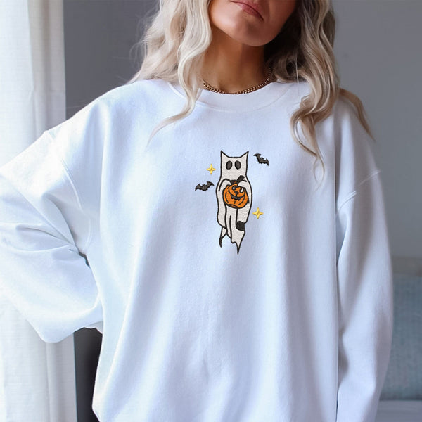 Embroidered Ghost Cat Sweatshirt - Spooktacular Halloween Apparel, ES006 - US Custom Shirt
