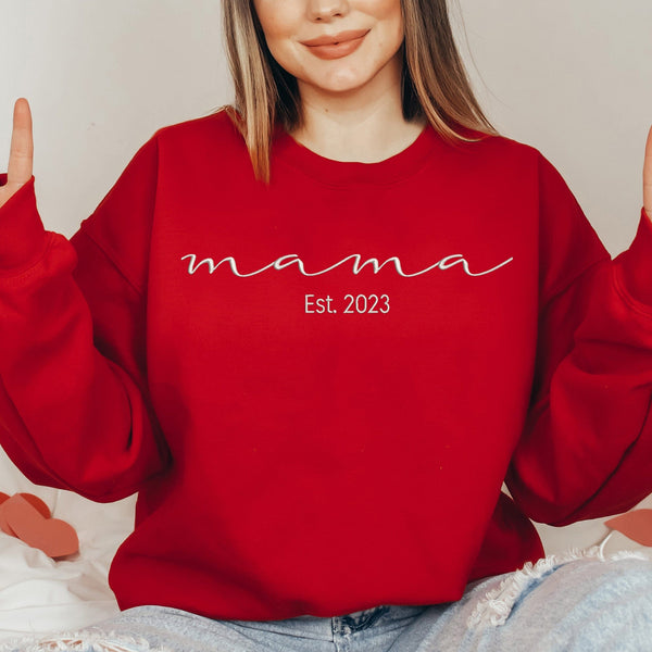 Trendy Embroidered Mama Sweatshirt, Unique Mothers Day Gift for New Mamas, Customizable with Est Year, ES019 - US Custom Shirt
